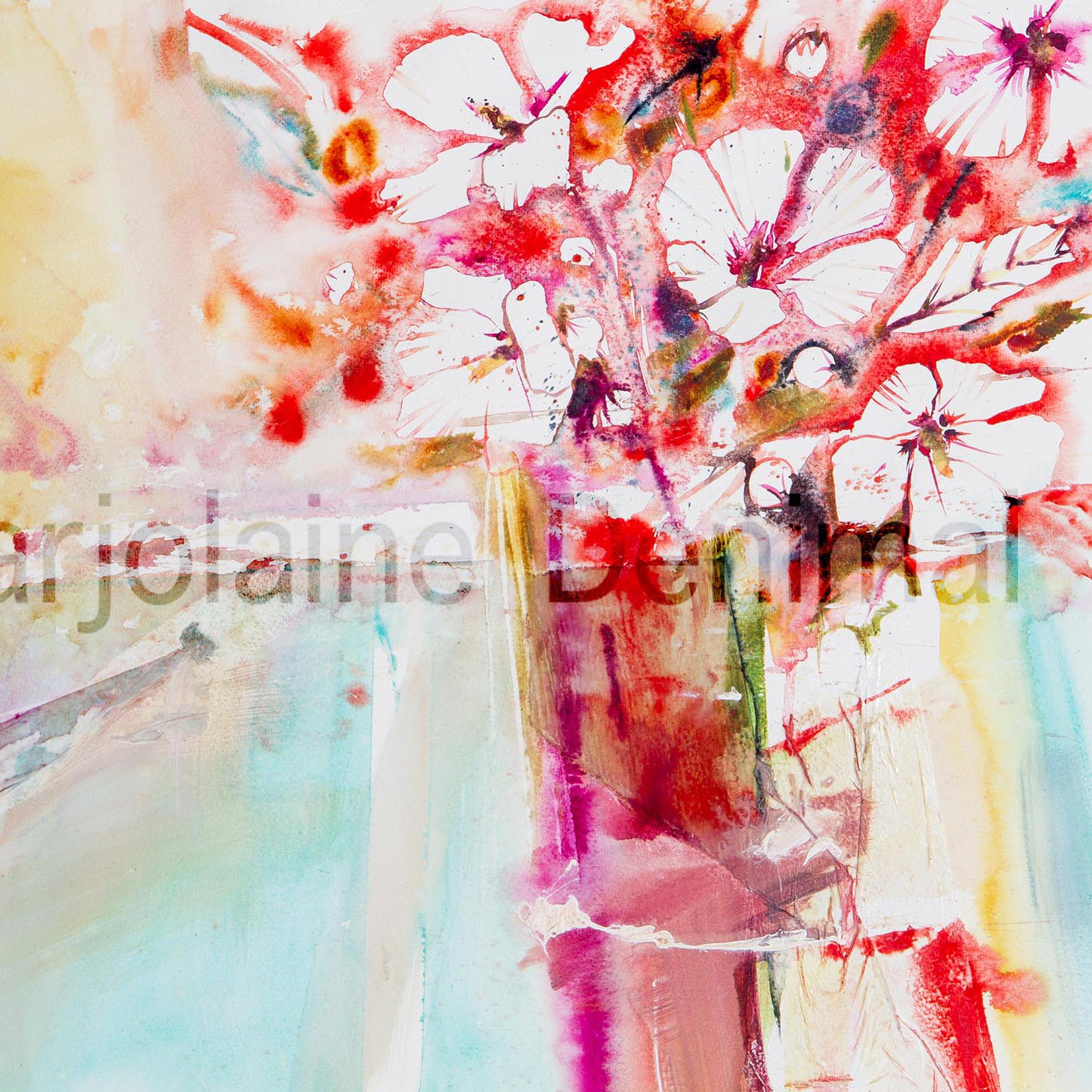 Aquarelle Bouquet de roses tremières...65x50cm