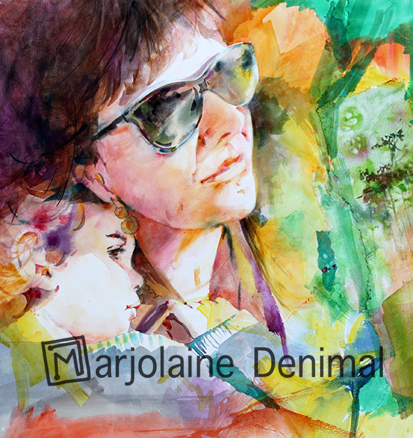 portrait aquarelle personnalisé CALIN MAMAN PETITE FILLE AQUARELLE COULEUR